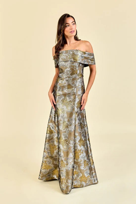 LulaKate Christy Evening Dress in Gold Shimmer Floral | Bella Bridesmaids LulaKate Christy Evening Dress in Gold Shimmer Floral | Bella Bridesmaids