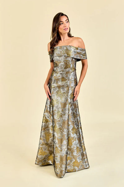 Lulakate Christy Evening Dress in Gold Shimmer Floral