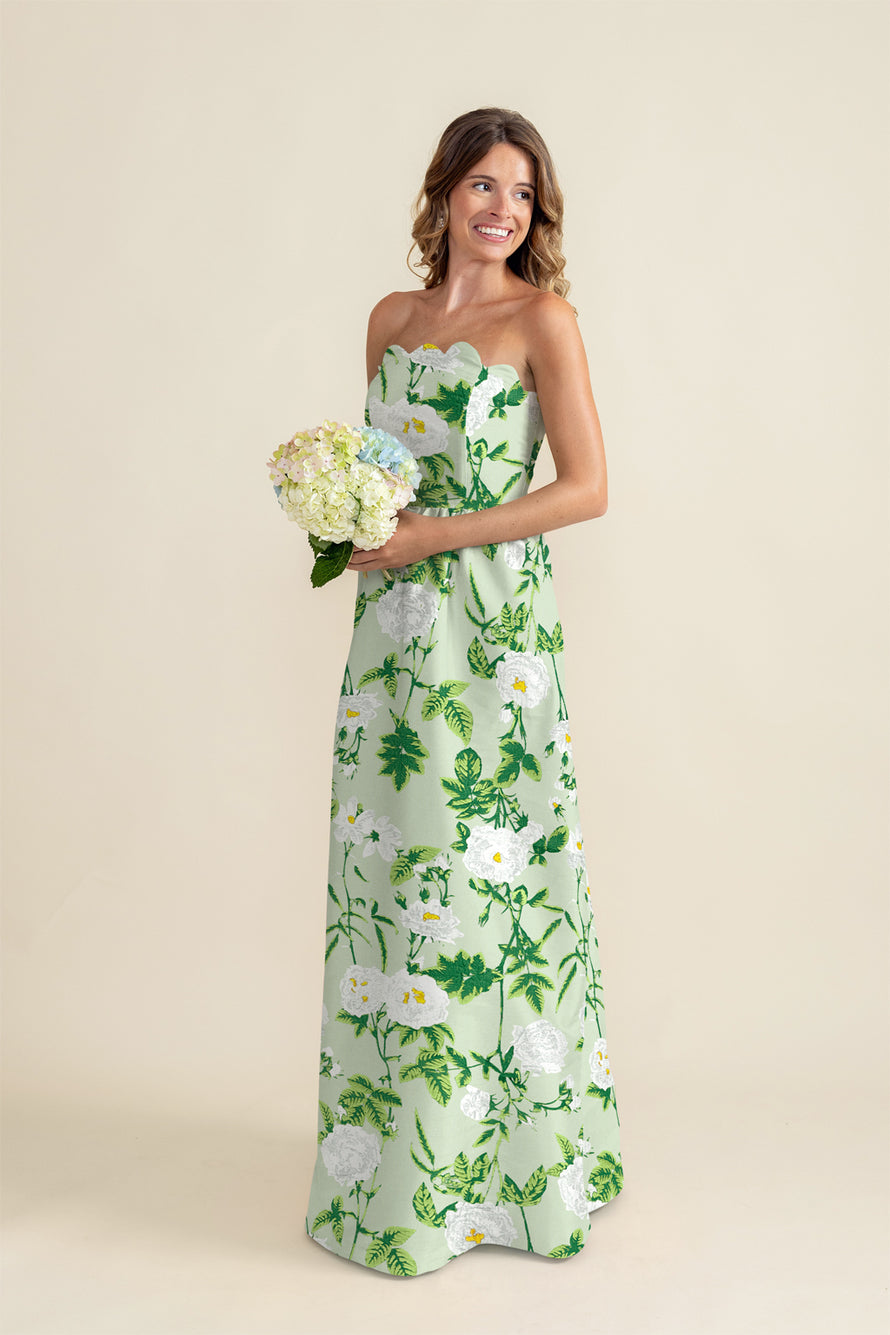 Hayes Bodice with Gathered Skirt Floor in Camellia Jacquard Navy Hayes Bodice with Gathered Skirt Floor in Camellia Jacquard Navy