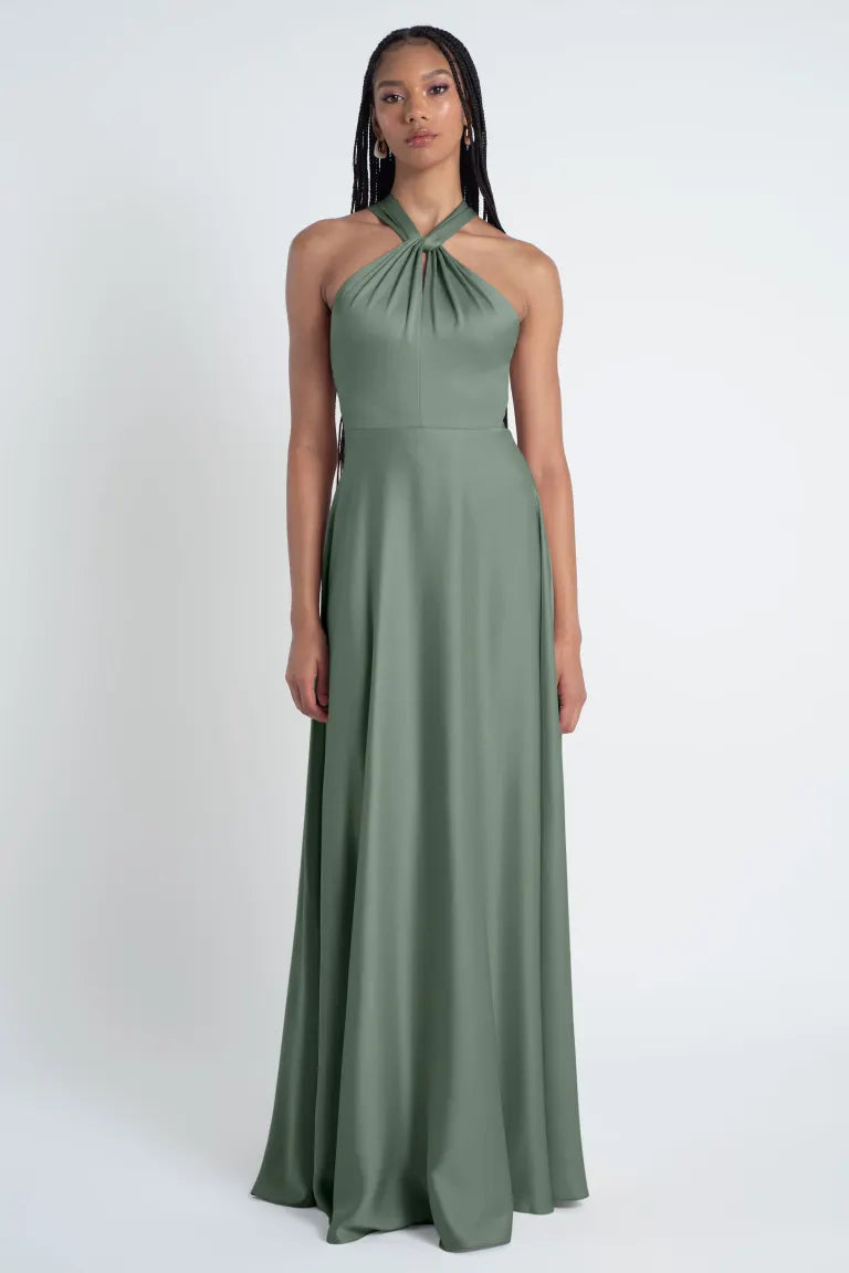 Jenny Yoo Real Bridesmaids Moss Green Satin Dresses Midi