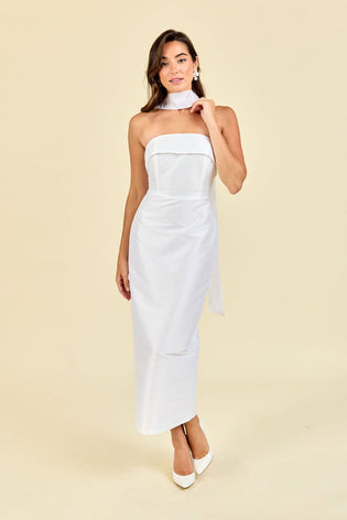 Eva Bodice with Straight Skirt Tea Length Little White Dress