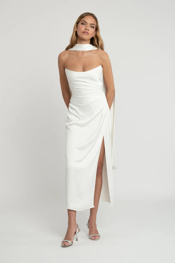 white engagement party dresses Zapaka Women Simple Ruffled Chiffon Dress with Slit Rehearsal Dinner Dress, White / US4 engagement party White Engagement Dresses | Free