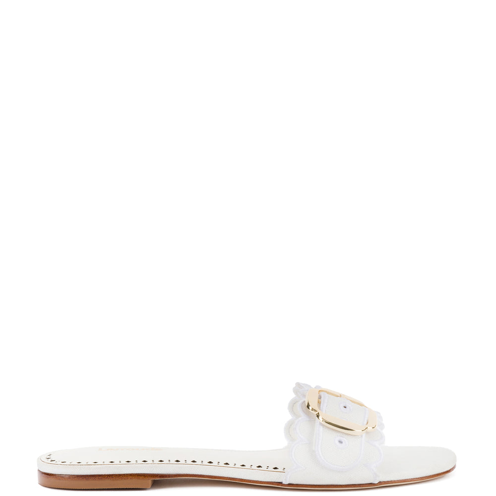Ivy Broderie Flat Mule In White Raffia | Bella Bridesmaids