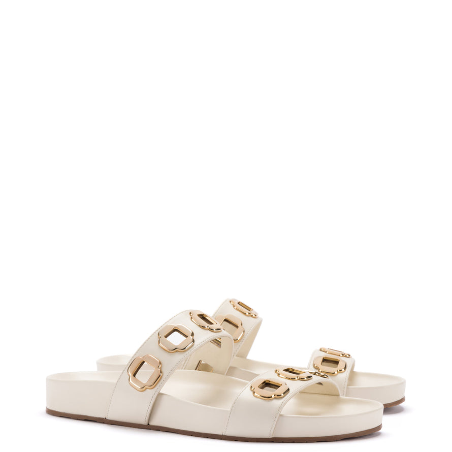 slip on sandal with two straps and shiny decorative buckle