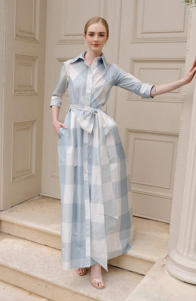LulaKate Candice Dress in Gingham Dupioni Dove