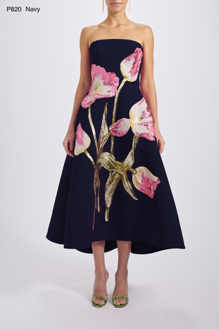 Amsale Evening Sequin Applique Midi Dress P820A in Navy