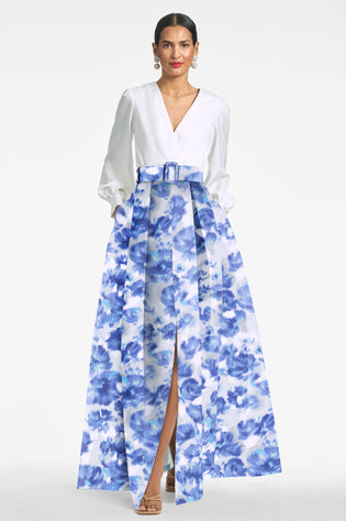 ZOE GOWN - OFF WHITE/AZURE WATERCOLOR FLORAL
