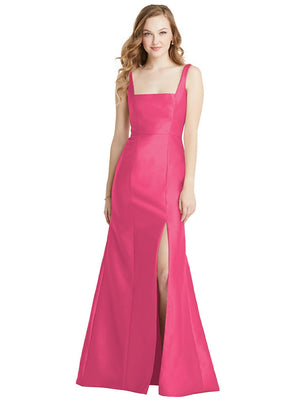 Square Neck Full Skirt Satin Midi Bridesmaid Dress With Pockets In Think  Pink