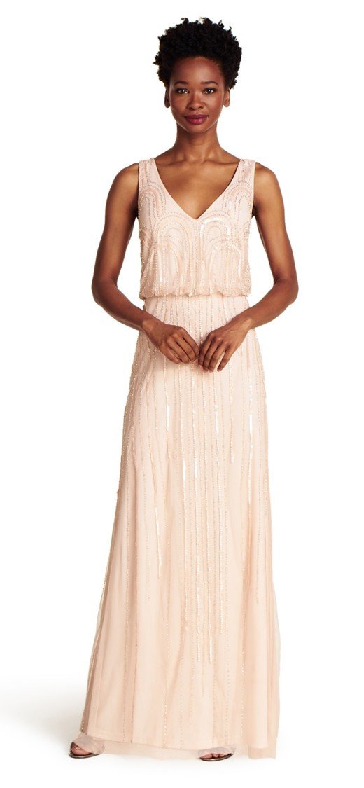 V Neck Adrianna Papell Short Sleeve Blouson Beaded Gown Gown David's Bridal Adrianna Papell Beaded Mesh V-Neck Sheath