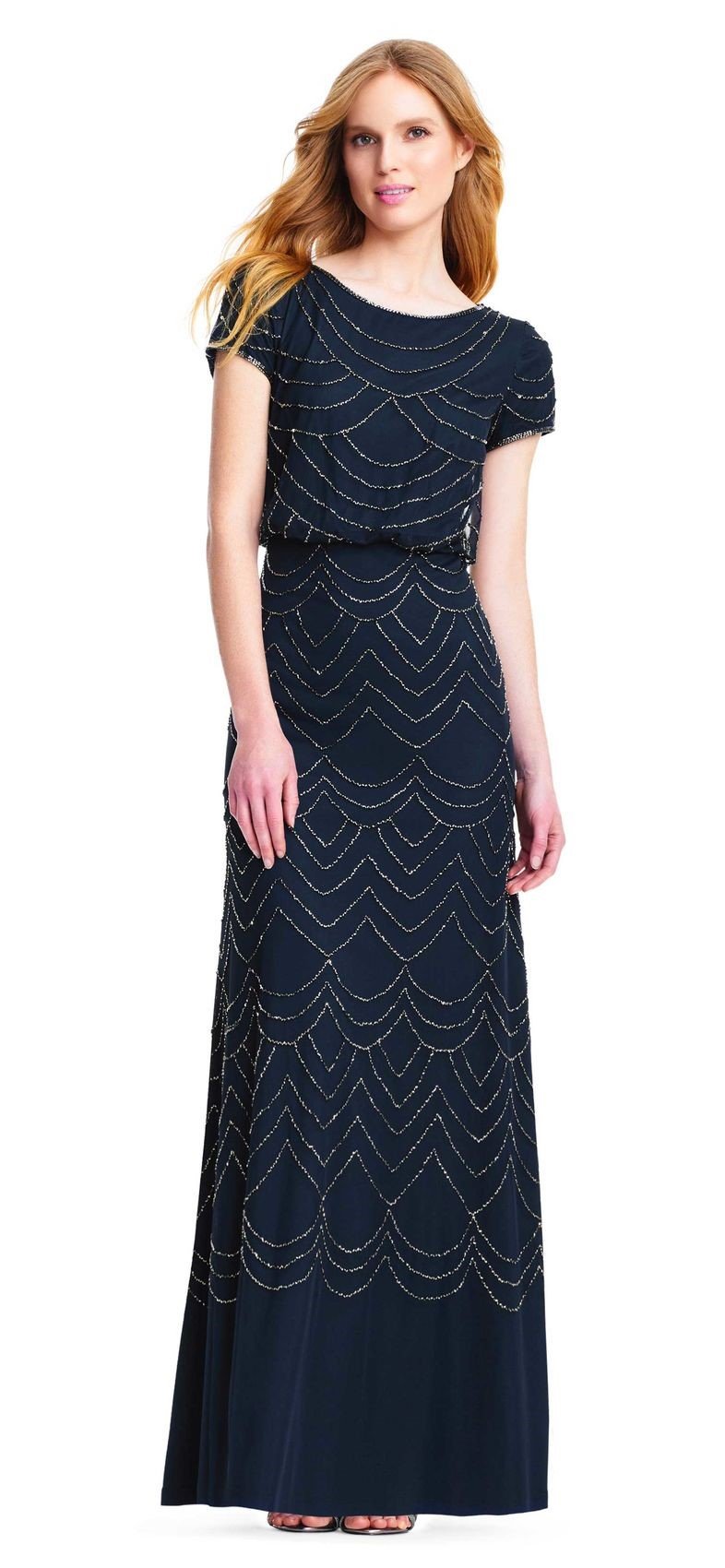 Adrianna Papell Tan Beaded Gown Dress Cap Sleeve V-Neck Waist Band Size 2  $300 | eBay